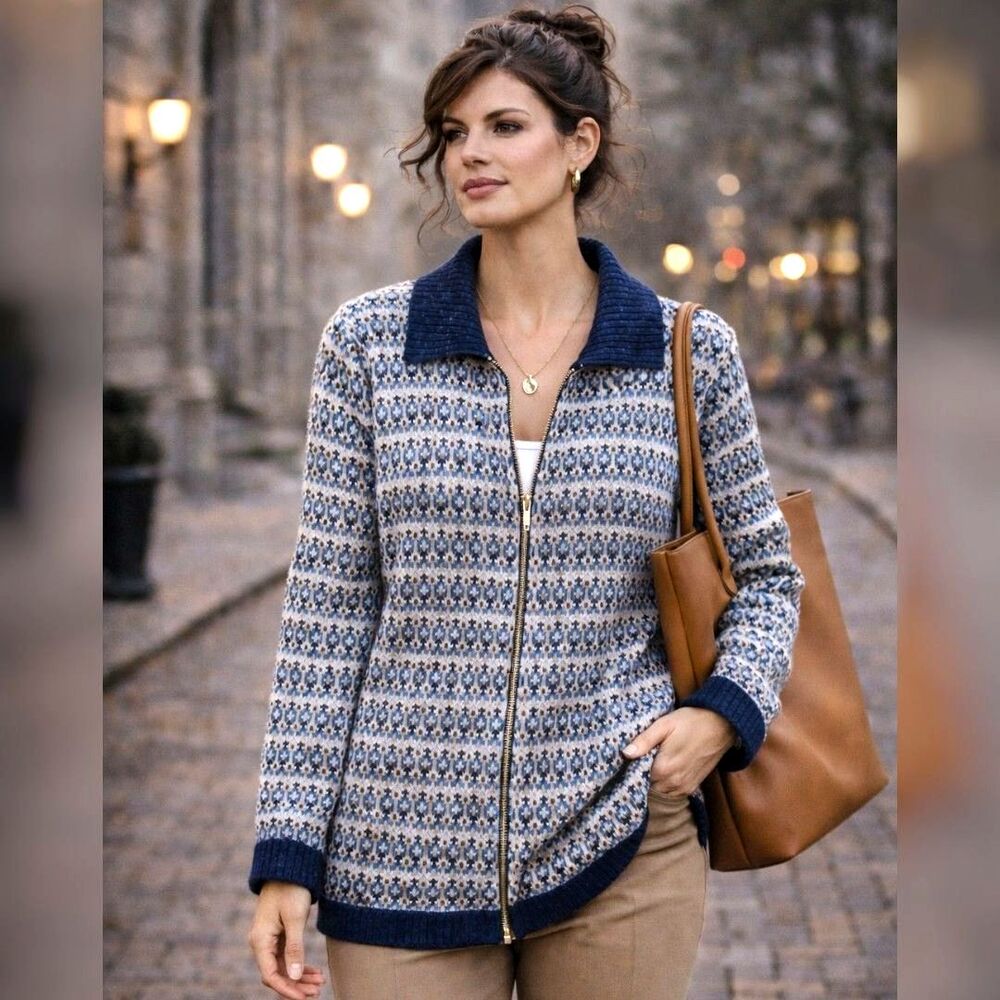 Y2K Fashion Bug Blue Pattern Zip Front Cardigan Womens 22/24W Long Knit Sweater